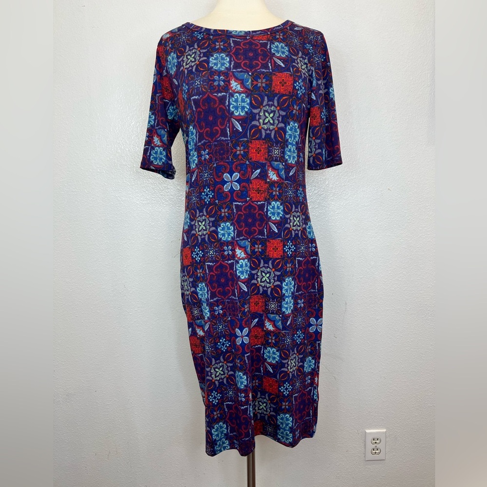 NWOT LuLaRoe Julia Dress Multicolor Geometric Floral Pattern Size Large‎